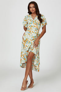 Floral Print Angel Sleeve Wrap Midi Dress In Yellow