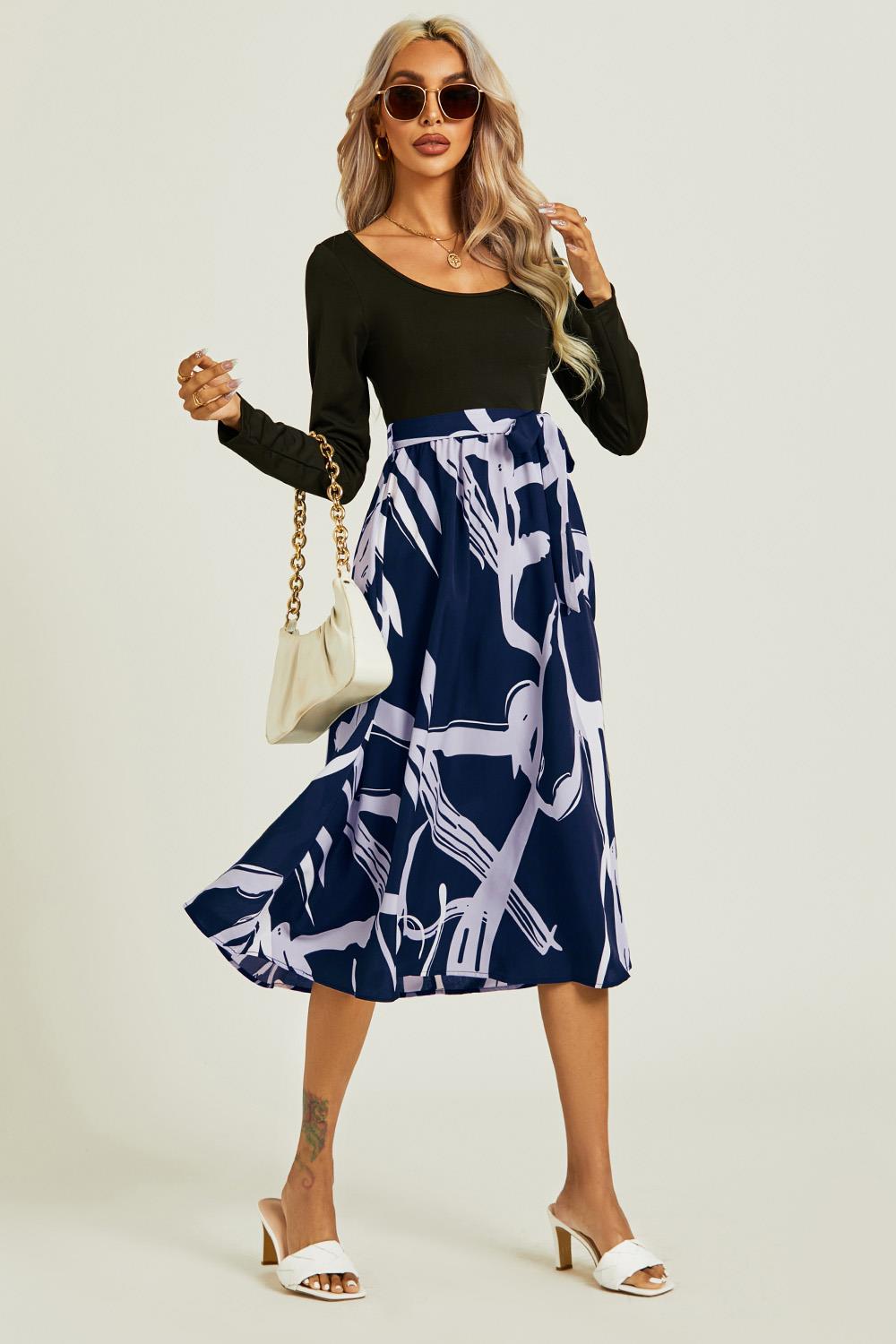 Printed 2 In 1 Midi Dress Long Sleeve Top In Navy