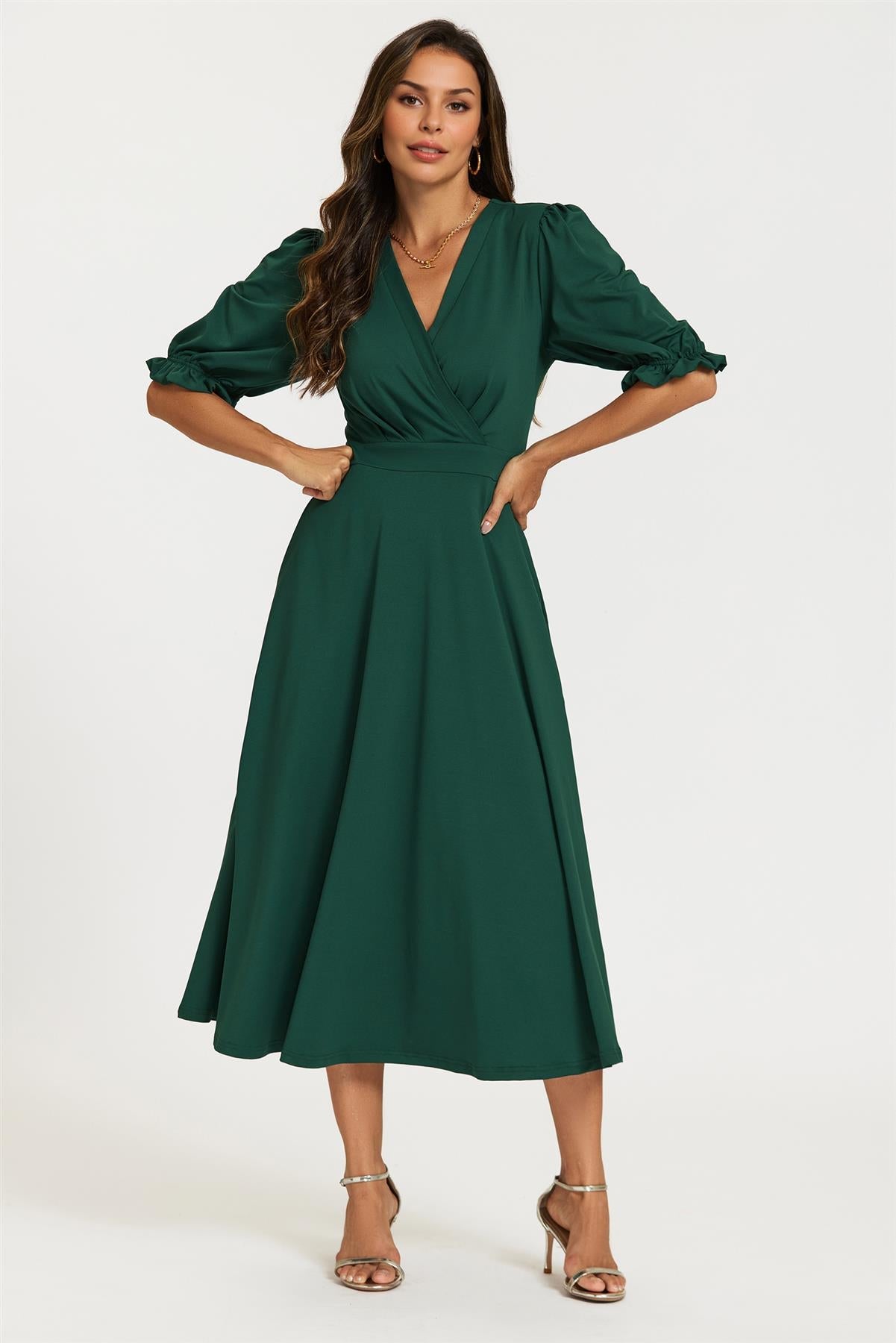 Half Sleeves Jersey Midi Dress with Wrap Neckline In Green