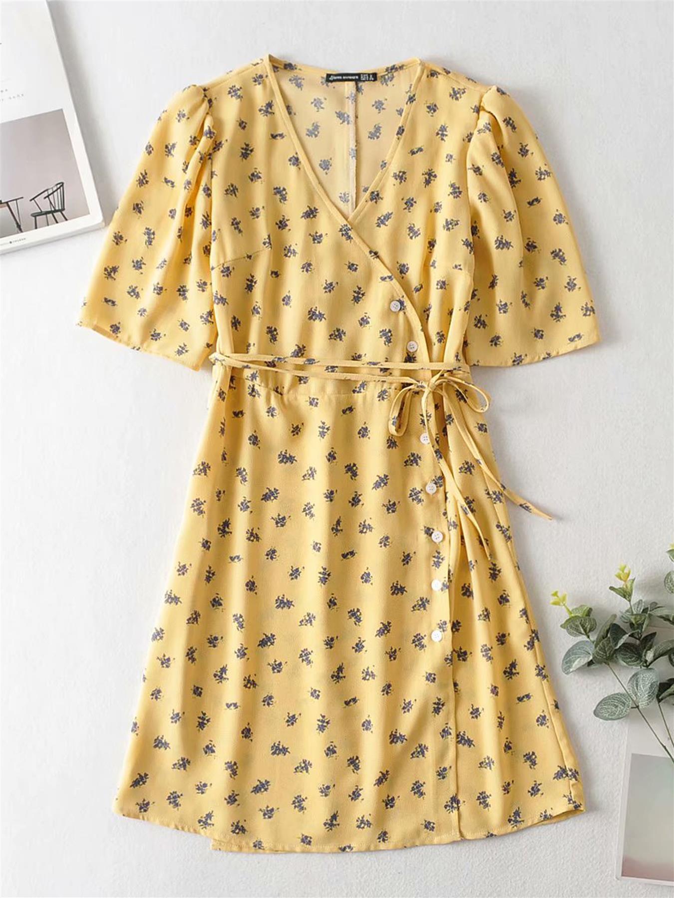 Puff Sleeve Mini Tea Dress In Yellow & lavender Print