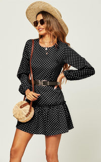 Hem Frill Detail Smock Dress In Black Polka Dot