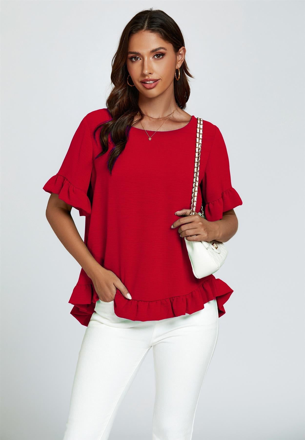 Frill Detail Short Sleeves Top In Red