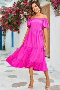 Off Shoulder Bardot Frill Midi Dress In Fuchsia Pink