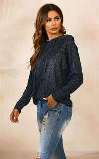 Hoodie Top In Charcoal Grey With Black Animal Print