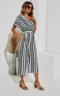 Kimono Sleeve White Stripe Jumpsuit In Dark Green