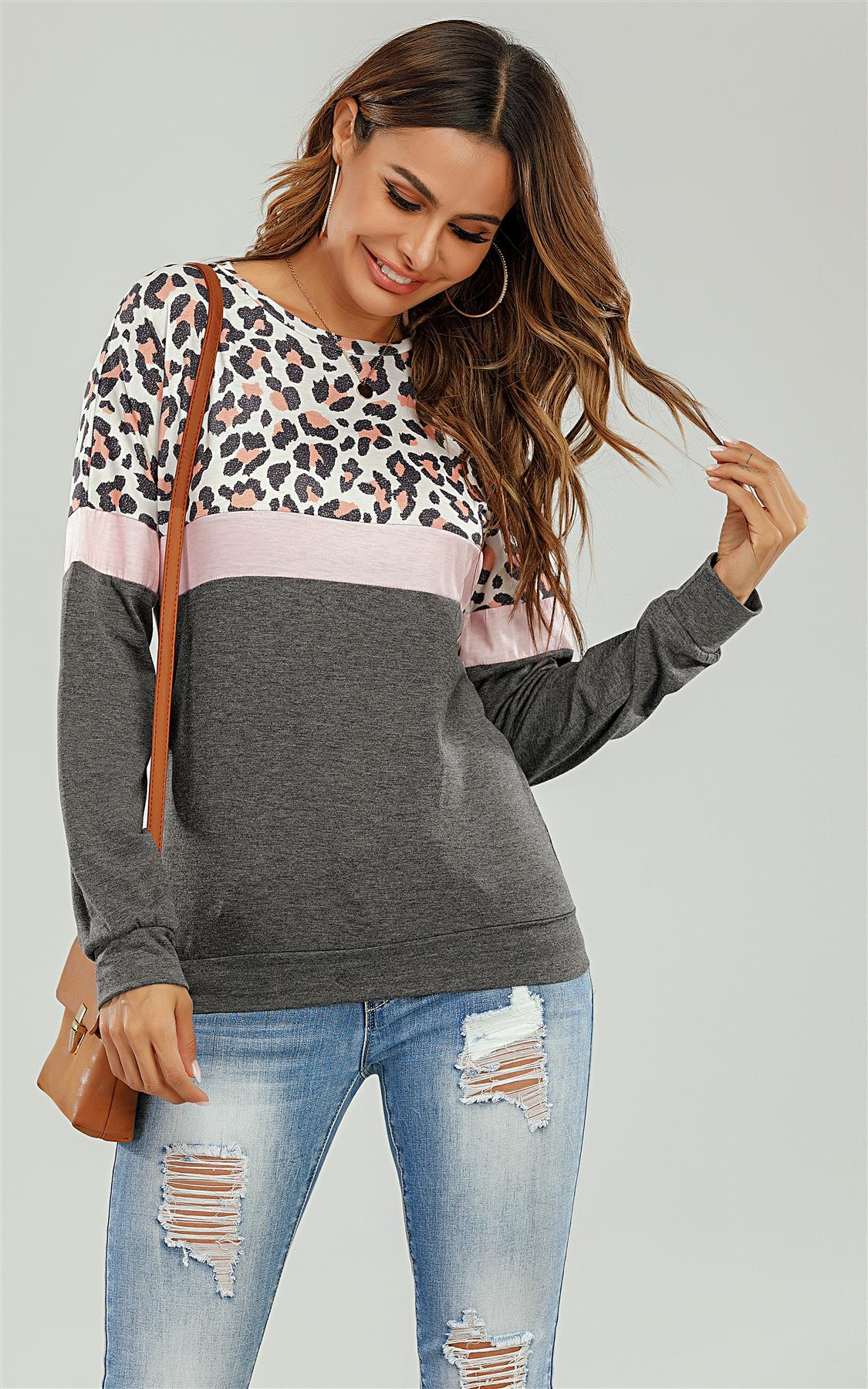 Animal Print With Charcoal Grey & Pink Striped Black Top