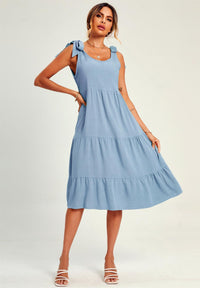 Relaxed Linen Self Tie Shoulder Tiered Midi Dress In Light Blue