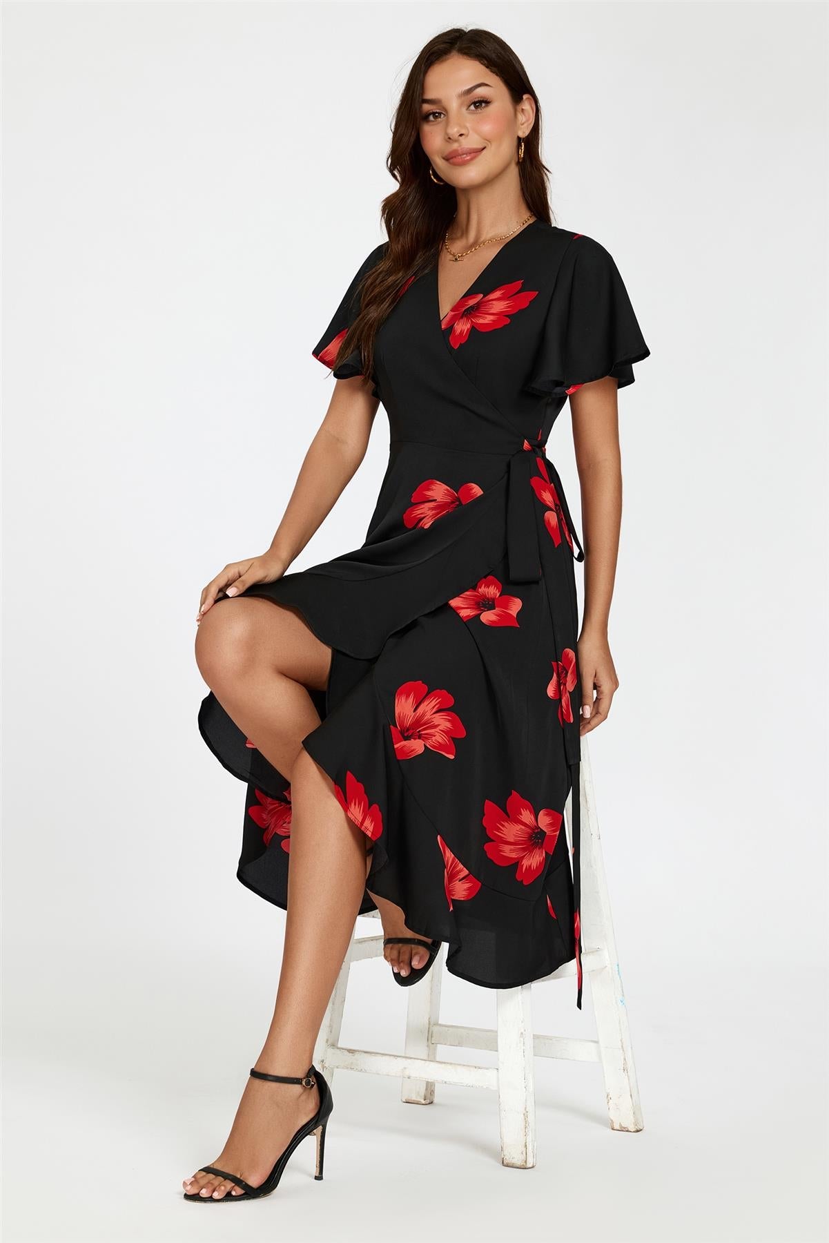Floral Print Angel Sleeve Wrap Dress In Black