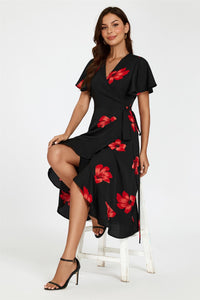 Floral Print Angel Sleeve Wrap Dress In Black