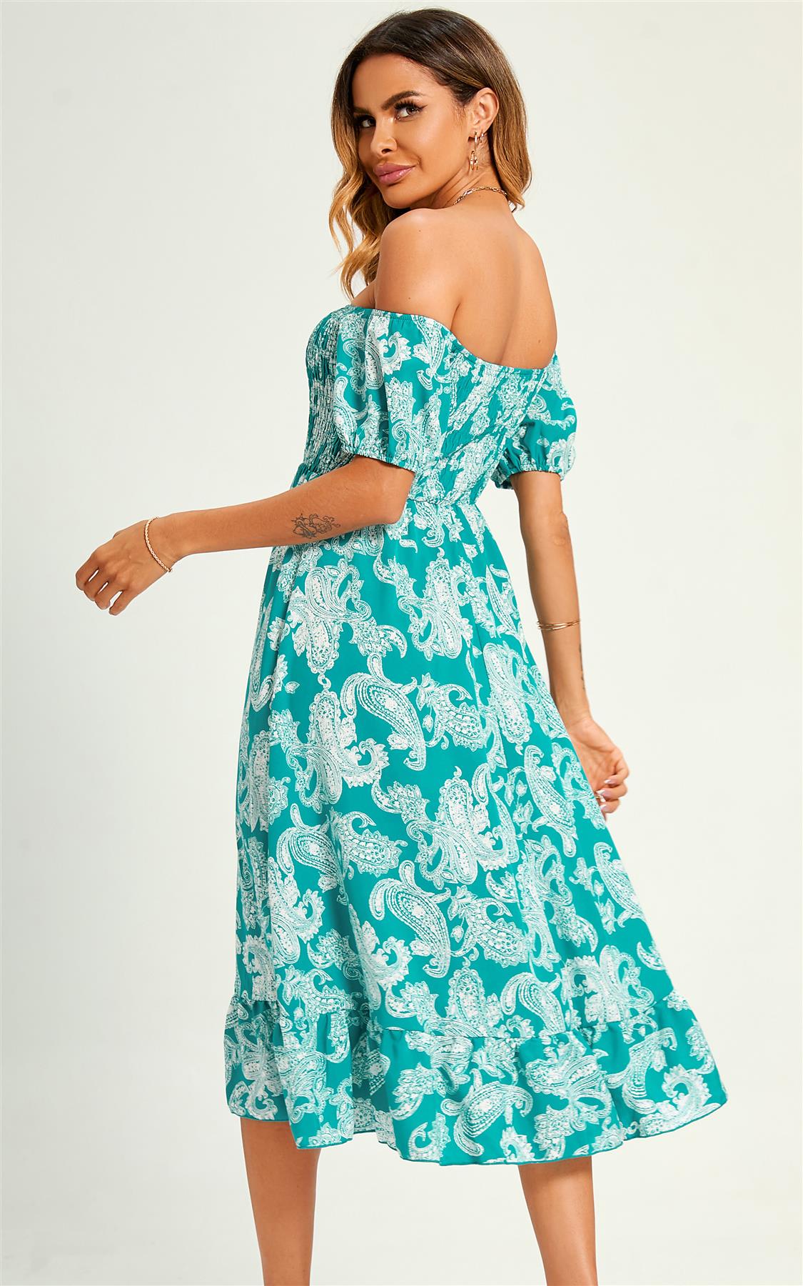 Bardot Puff Sleeve Elasticated Detail Midi Dress In Turquoise Green