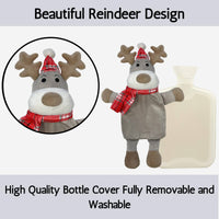 Christmas Hot Water Bottle with Festive Reindeer Cover 1L Natural Rubber UK Safe Tested Ideal Gift for Adults Kids by OLIVIA ROCCO