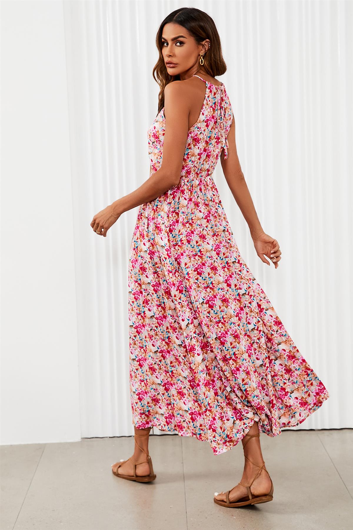 Floral Tie Halterneck Maxi Dress In Pink