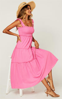 Hem Detail Tiered Maxi Dress In Fuchsia Pink