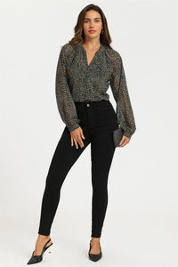 Gold Foil Leopard Print long sleeve Blouse Top In Black