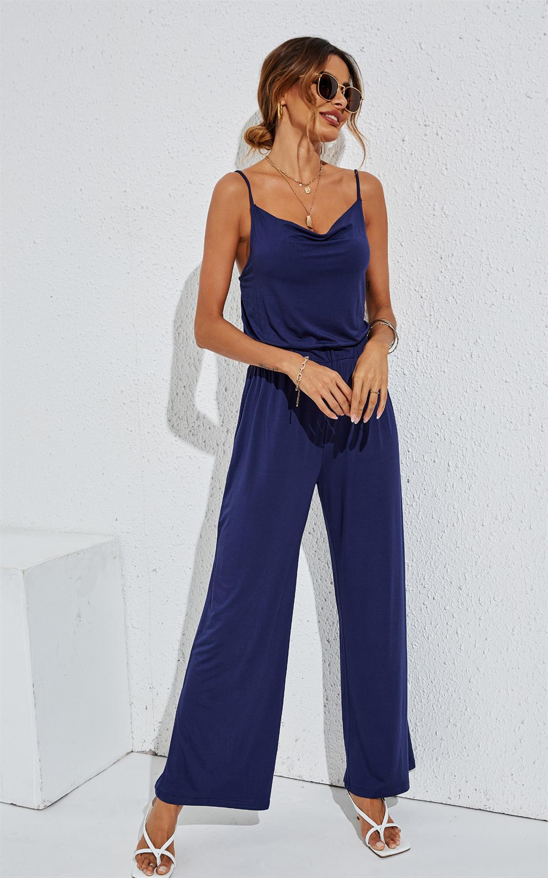 Strappy Jersey Culotte Jumpsuit In Navy