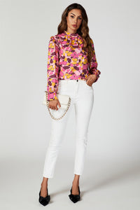 Floral Print Long Sleeve High Neck Top In Pink