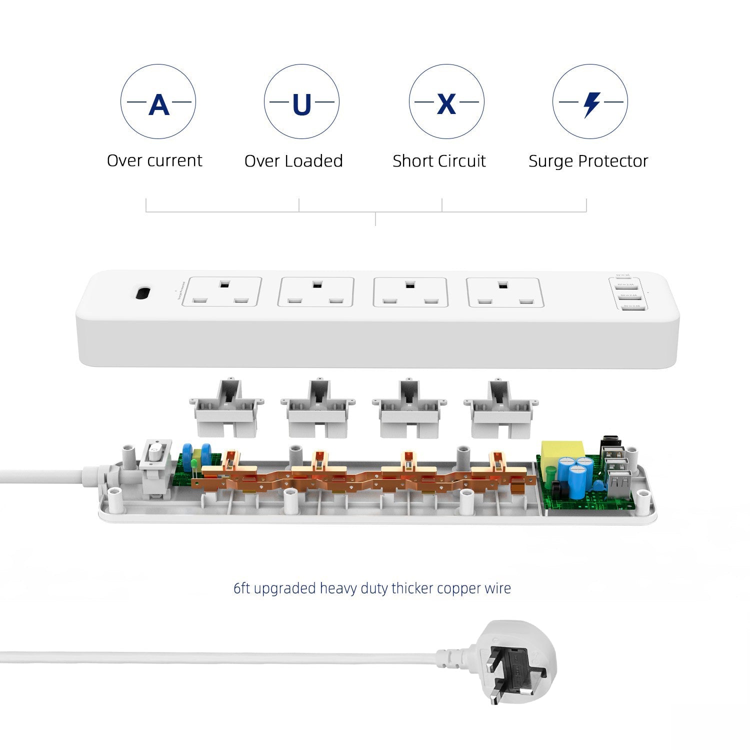 Maplin 1.8m 4 Socket 13 Amp Extension Lead with 2x USB-A / 1x USB-C Ports