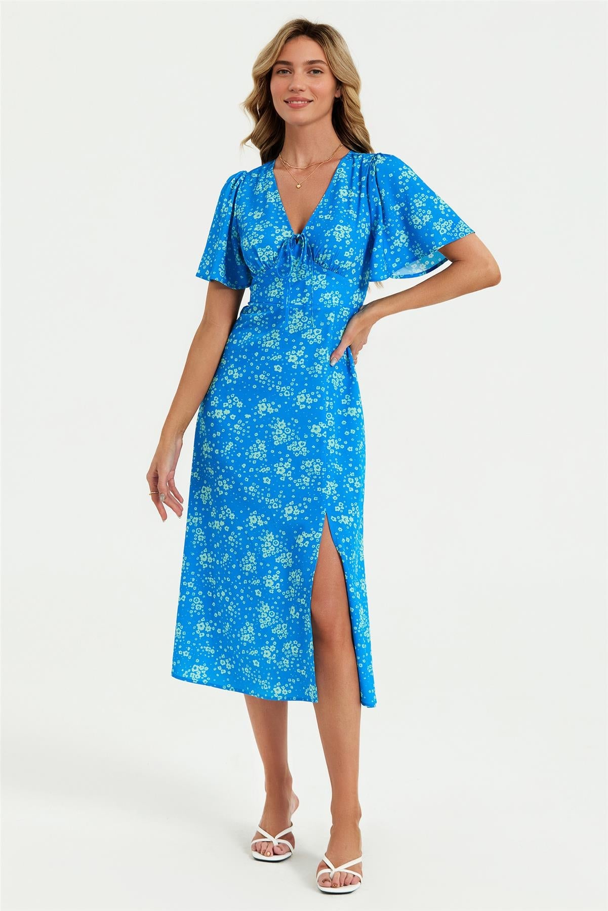 Green Floral Print Angel Sleeve Midi Dress In Blue