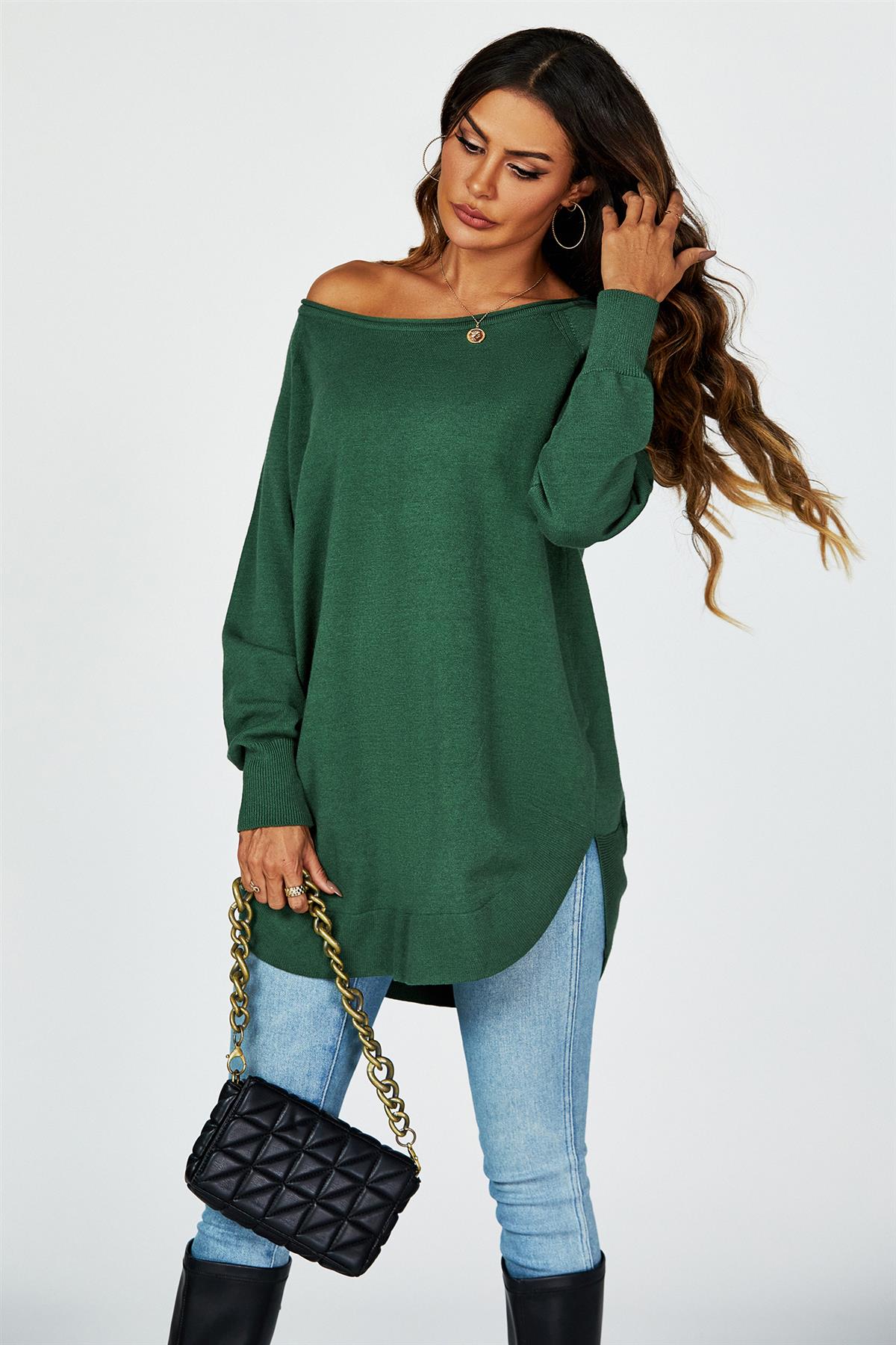 Oversize Knitted Jumper Top In Dark Green