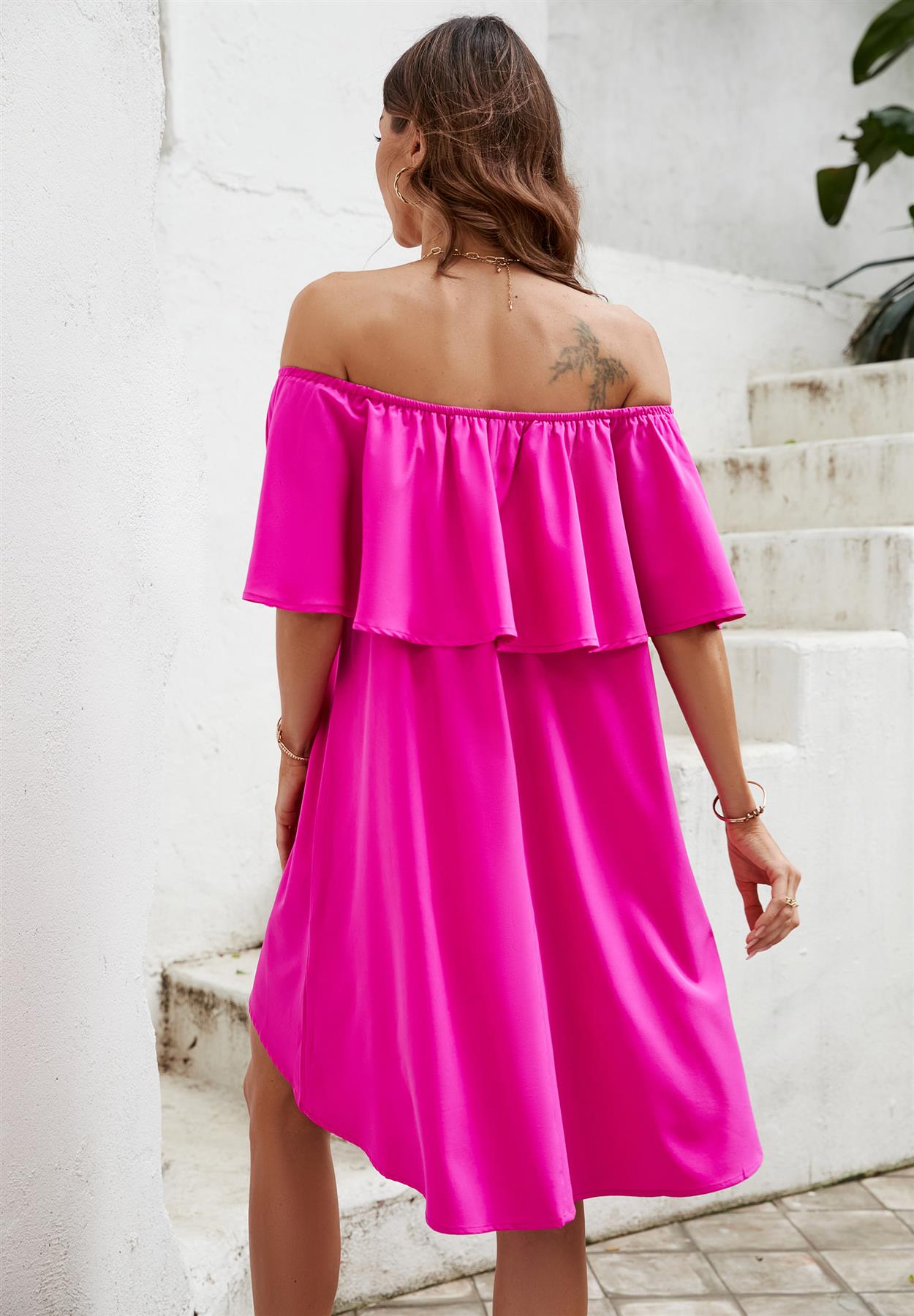 Bardot Frill Off Shoulder Mini Dress In Magenta