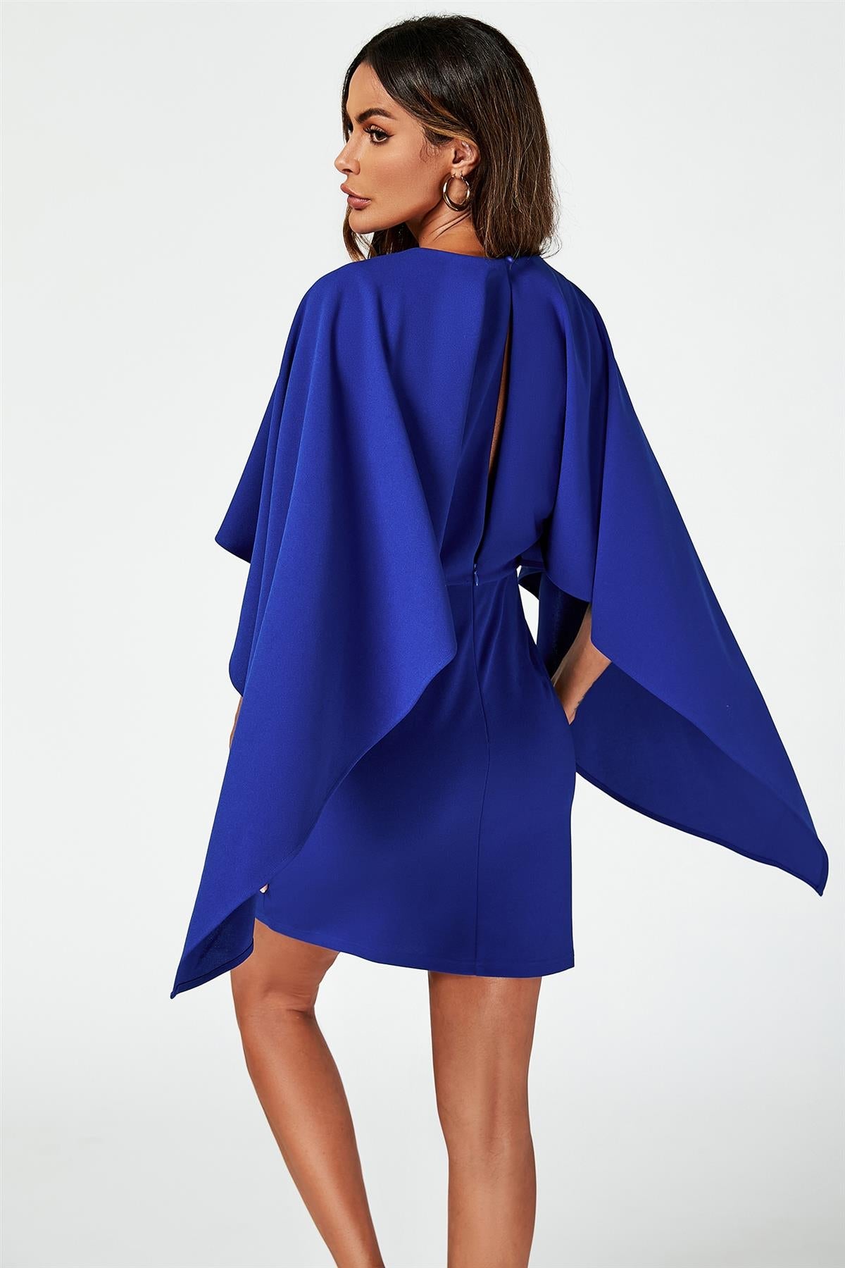 Back Detail Mini Dress With Cape In Blue