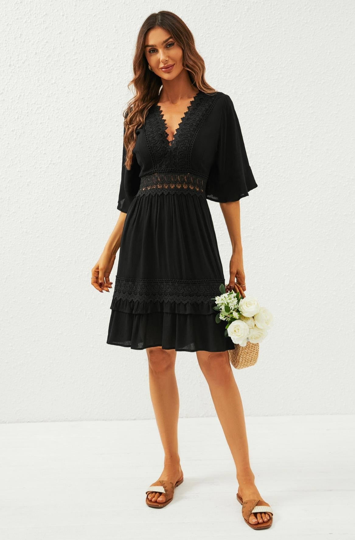 V Neck Lace Mini Dress In Black