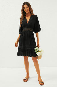 V Neck Lace Mini Dress In Black