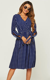 Cold Shoulder Tie Detail Long Sleeve Midi Pleated Dress In Navy Polka Dot