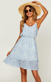 Leopard Print Hem Frill Detail Wrap Strappy Mini Dress In Blue