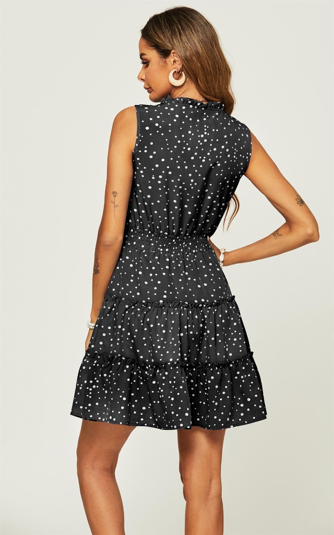 Dot Print Hem Frill Detail Tiered Mini Dress In Black