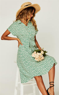 Relaxed Floral Print Button Down Midi Shirt Dress In Green