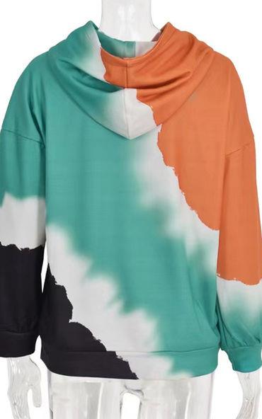 Green & White & Black & Orange Pastel Tie Dye Print Hoodie Top