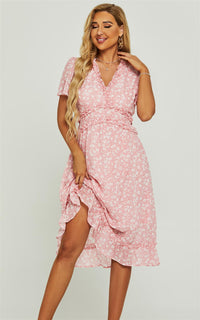 Angel Sleeve Frill Detail V Neck Midi Dress In Pink Flora Print