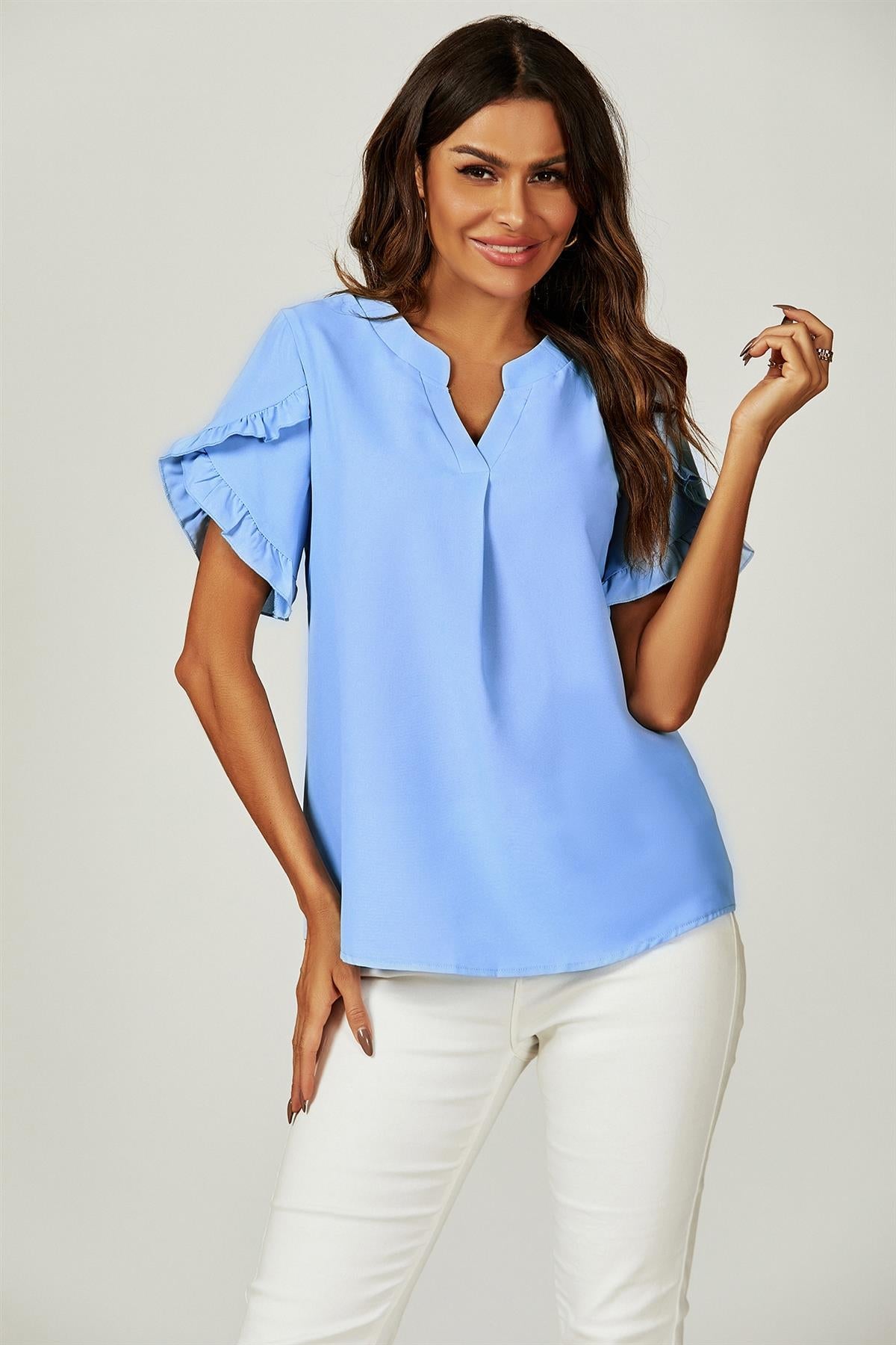Frill Trim Detail Short Sleeve Blouse Top In Light Blue