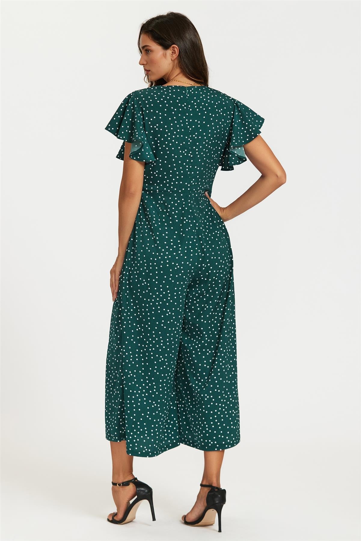 Polka Dot Angel Sleeve Twist Jumpsuit In Green