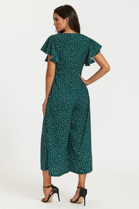 Polka Dot Angel Sleeve Twist Jumpsuit In Green