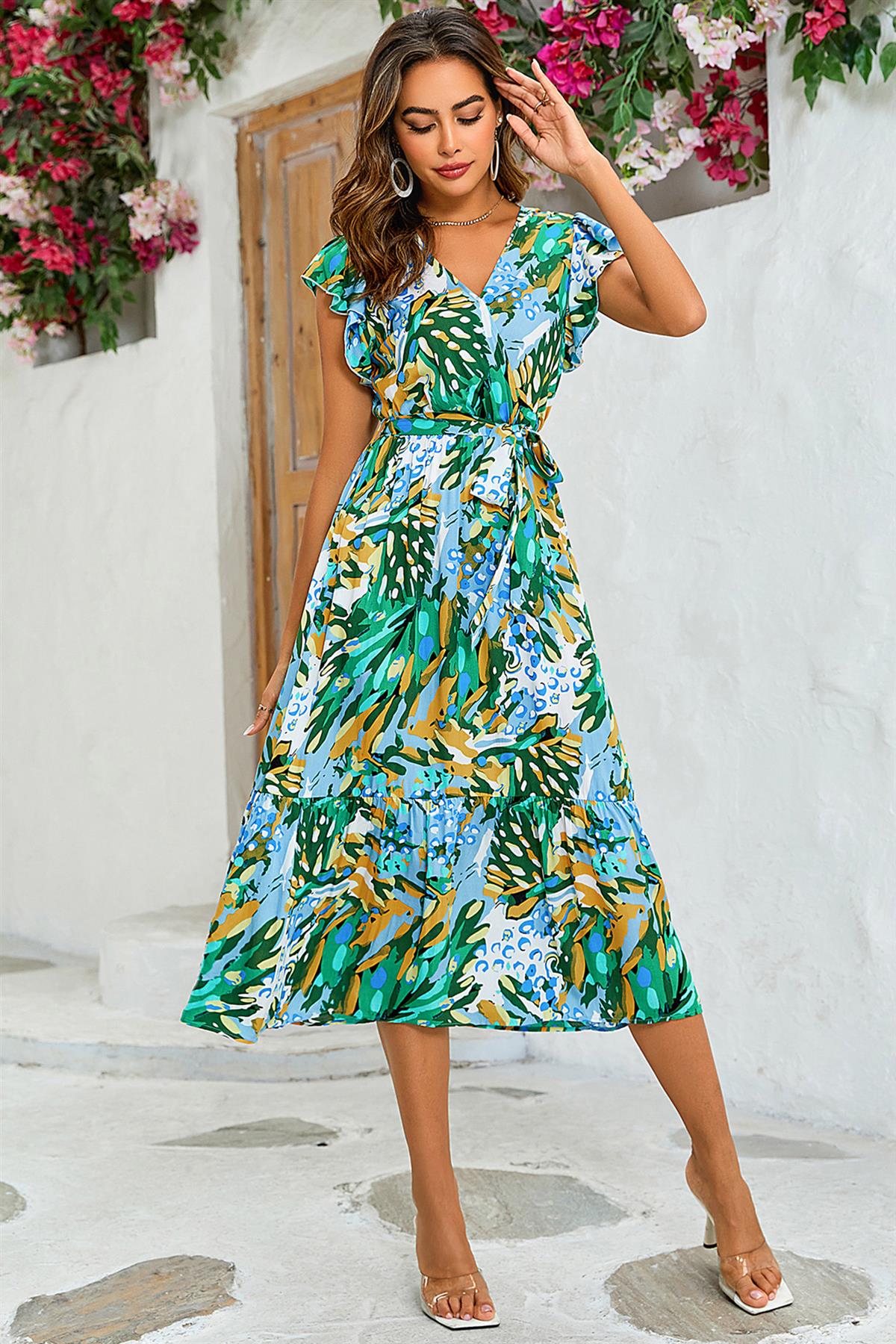Floral Print Wrap Dress In Yellow & Green