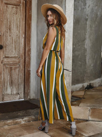 V Neck Sleeveless Jumpsuit In Stripe Yellow & Green & White