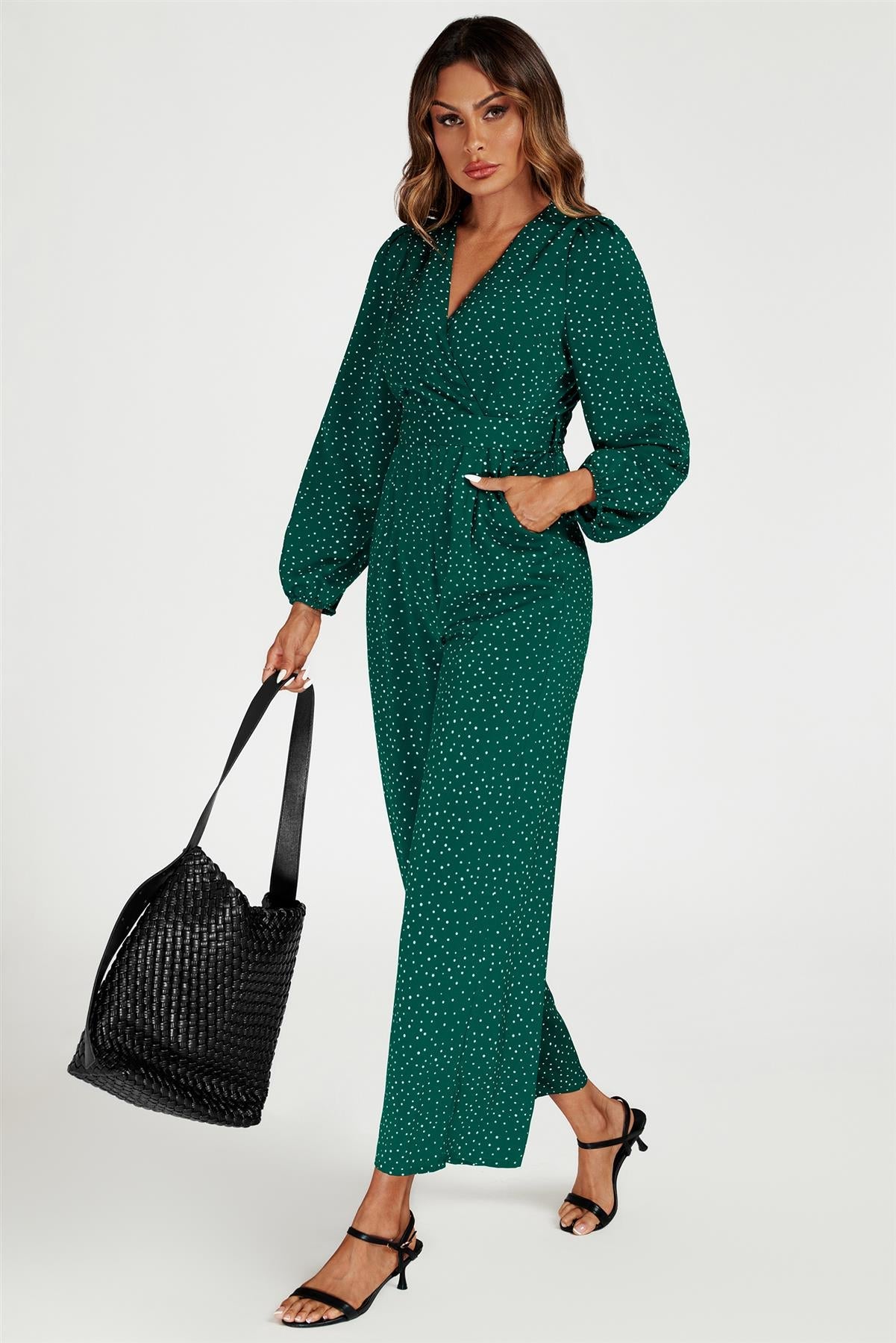 Dot Print Wrap Jumpsuit In Green