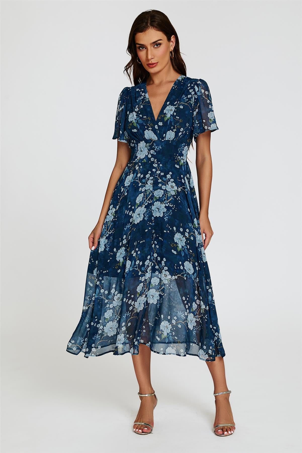 Floral Print Midi V neckline Dress In Navy