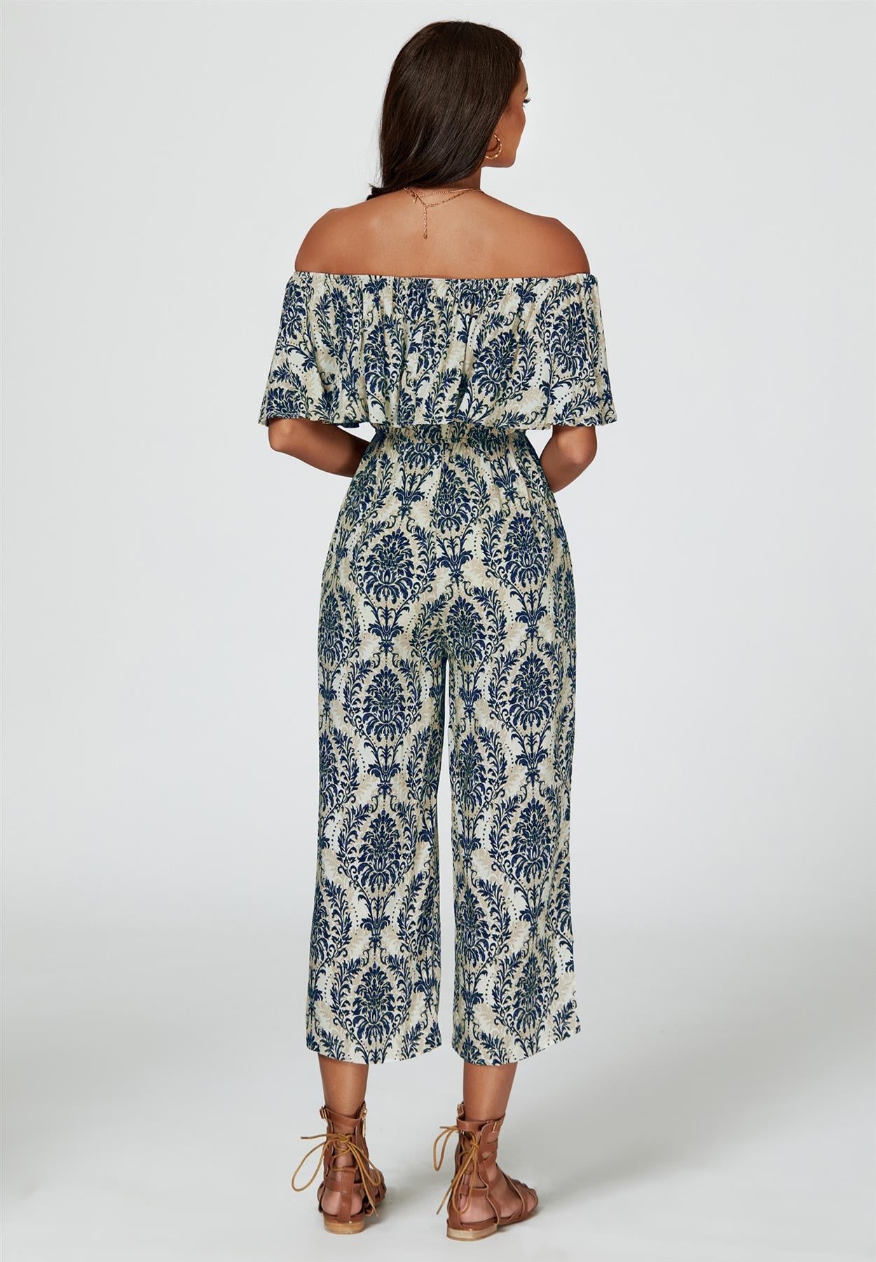 Off The Shoulder Print Frill Jumpsuit In Navy