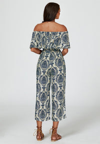 Off The Shoulder Print Frill Jumpsuit In Navy