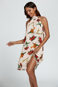 Floral Print Halter Neck Tie Back Mini Dress In Off White