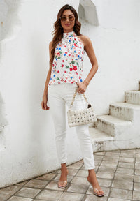 Multicolour Floral Print  Halter Neck Tie Back Top In White