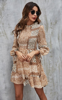 Elasticated detail Mini Dress In Beige Paisley Print
