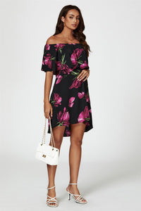 Pink Floral Print Bardot Frill Off Shoulder Mini Dress In Black