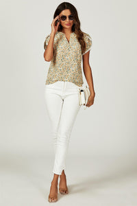 Floral Print Lace Trim Short Sleeve Blouse Top In Green Yellow