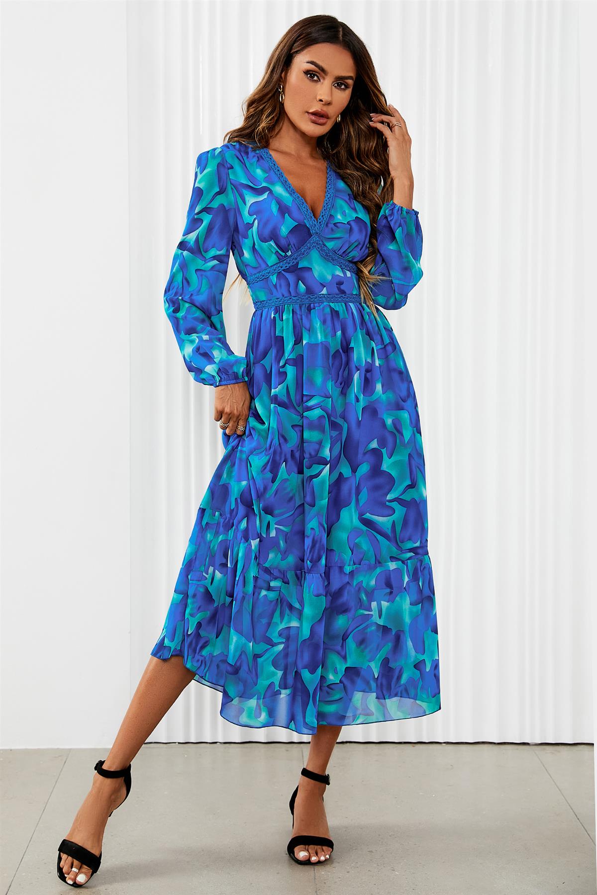 Floral Print Long Sleeve Maxi Dress In Blue