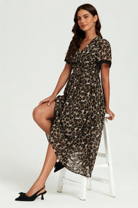 Leopard Print Lace Trim On Sleeve Midi Dress In Brown