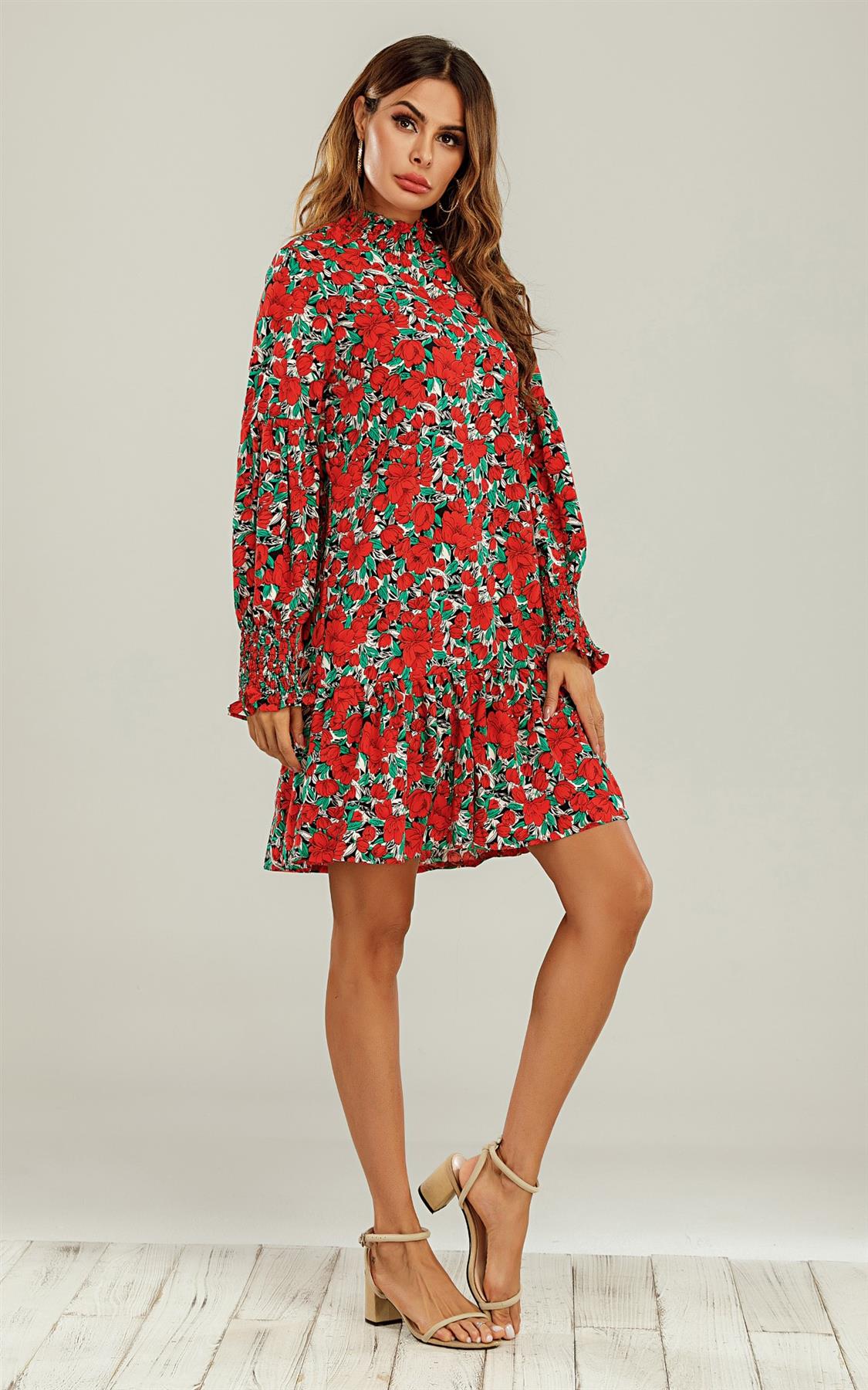 Frill Detail High Neck Shift Dress In Red & Green Floral